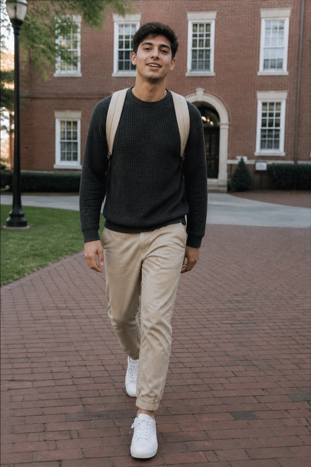 Young man in gray sweater and beige pants with backpack on brick path