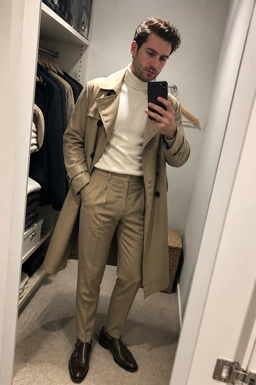 Man wearing an open khaki trench coat over a cream turtleneck sweater and matching pleated khaki pants, finished with dark brown double monk strap shoes, standing in a closet while holding a phone.