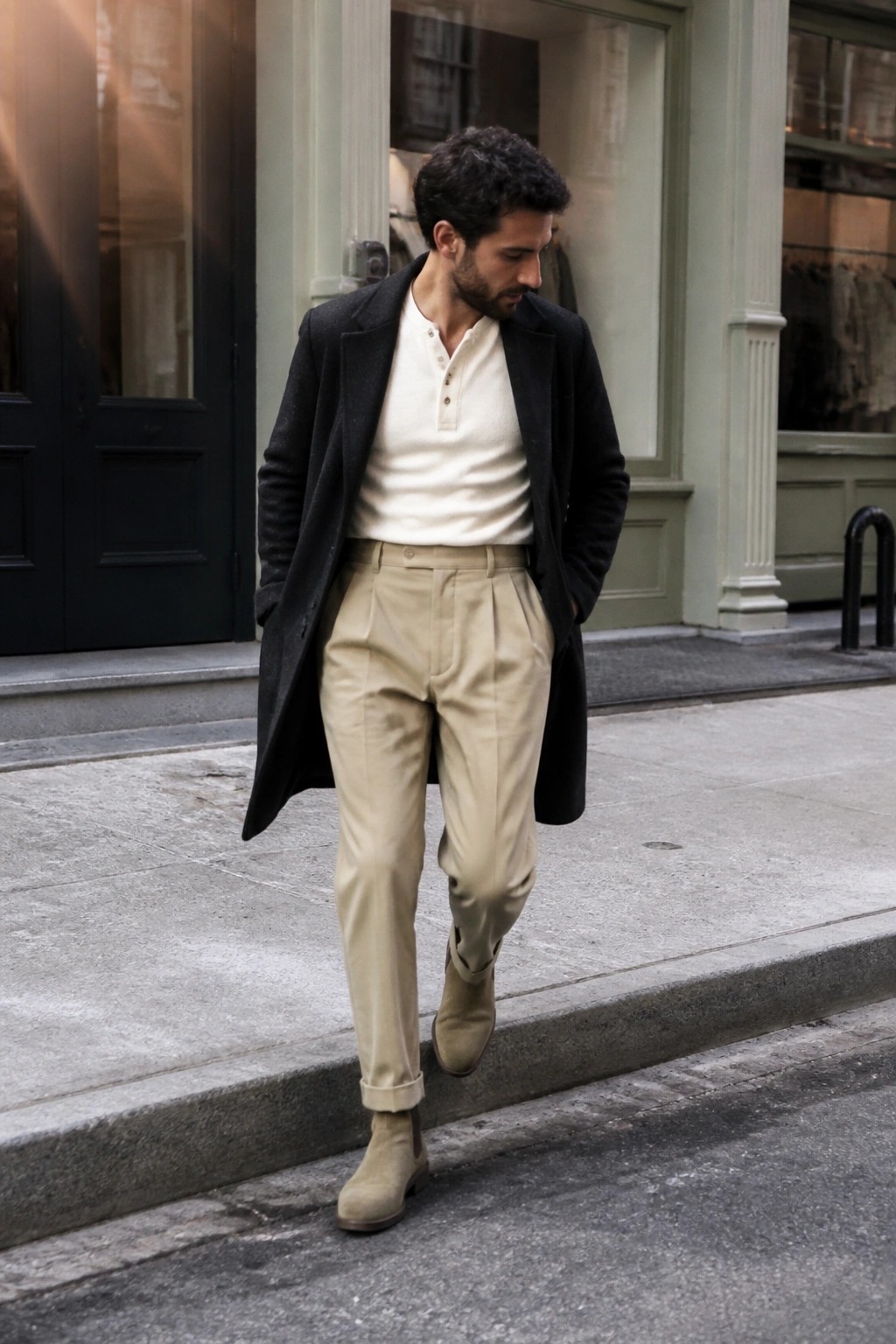 Man in pleated khaki trousers cream henley black overcoat and beige Chelsea boots walking on sidewalk