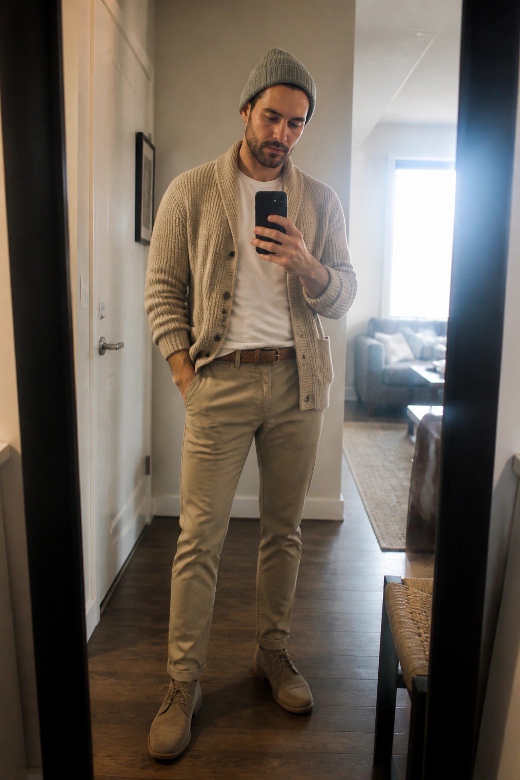 Man in beige cardigan, beanie, and chinos taking a mirror selfie.