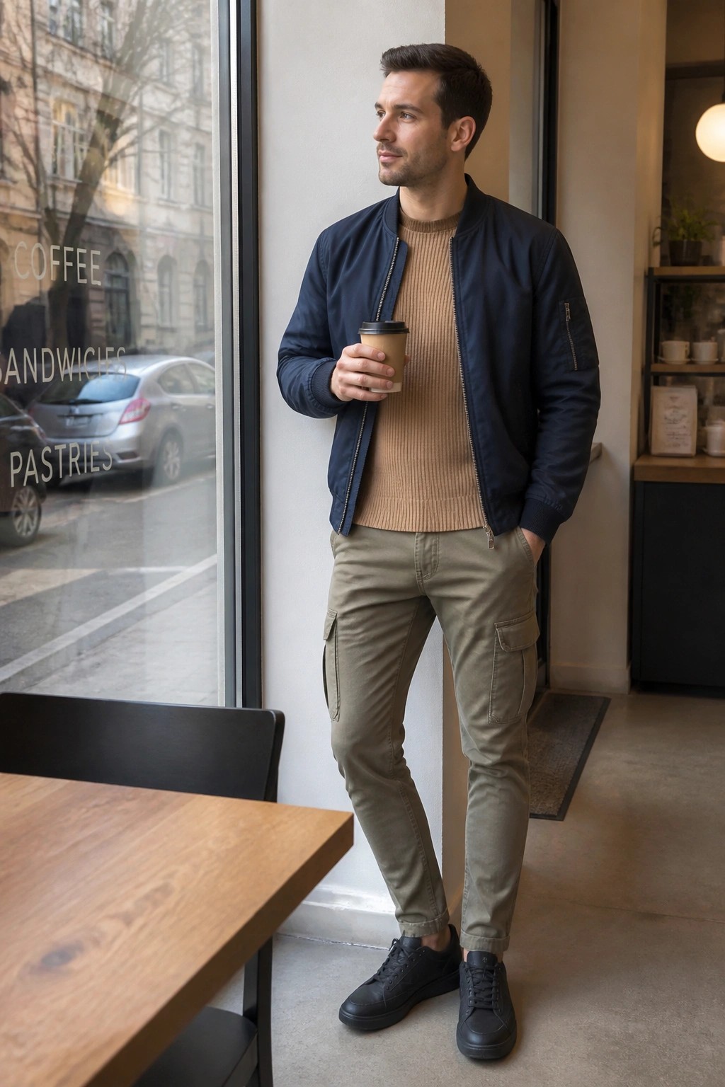 Man in navy bomber jacket and cargo pants holding coffee by cafe window