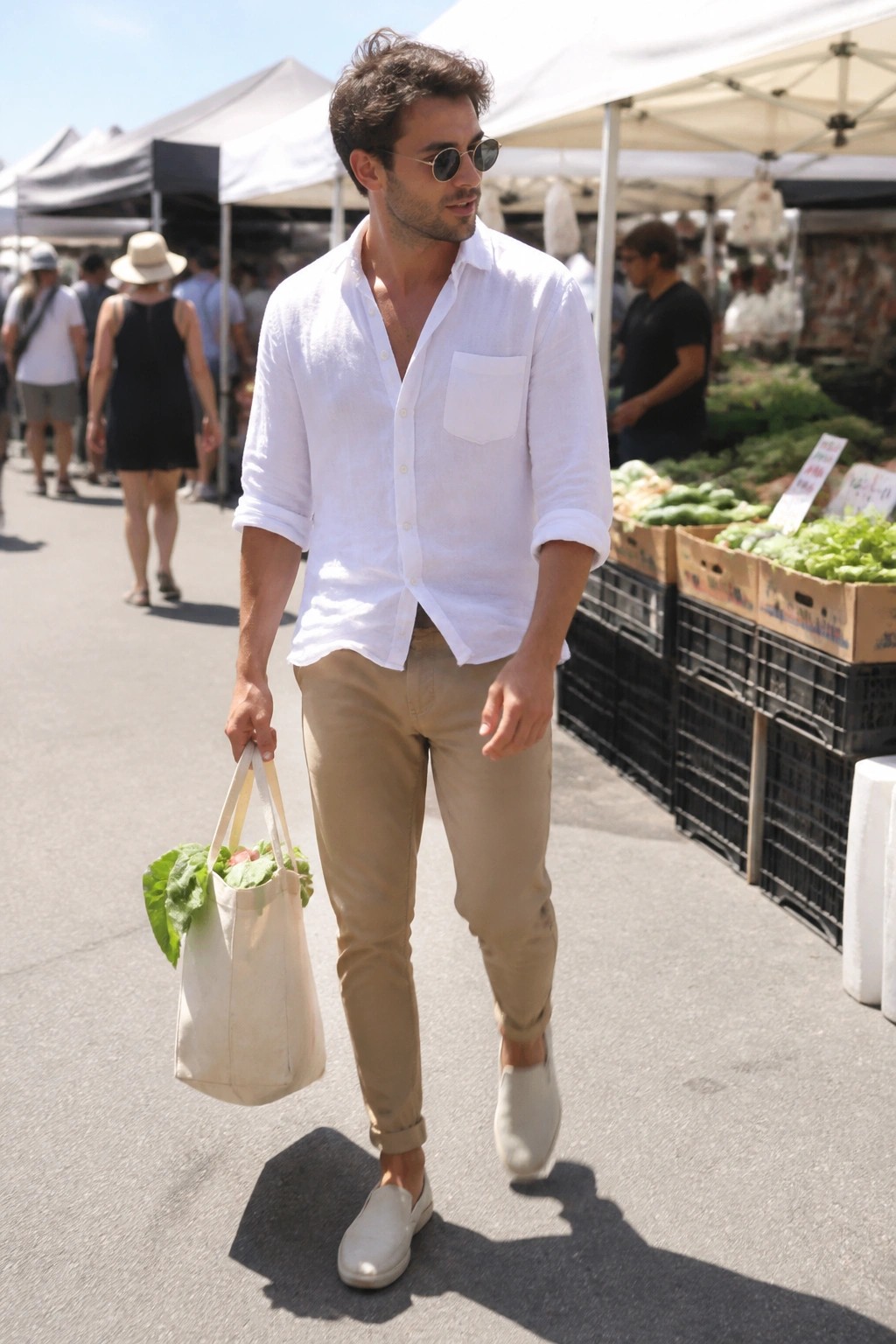 Man in white linen shirt carries produce tote at sunny outdoor market