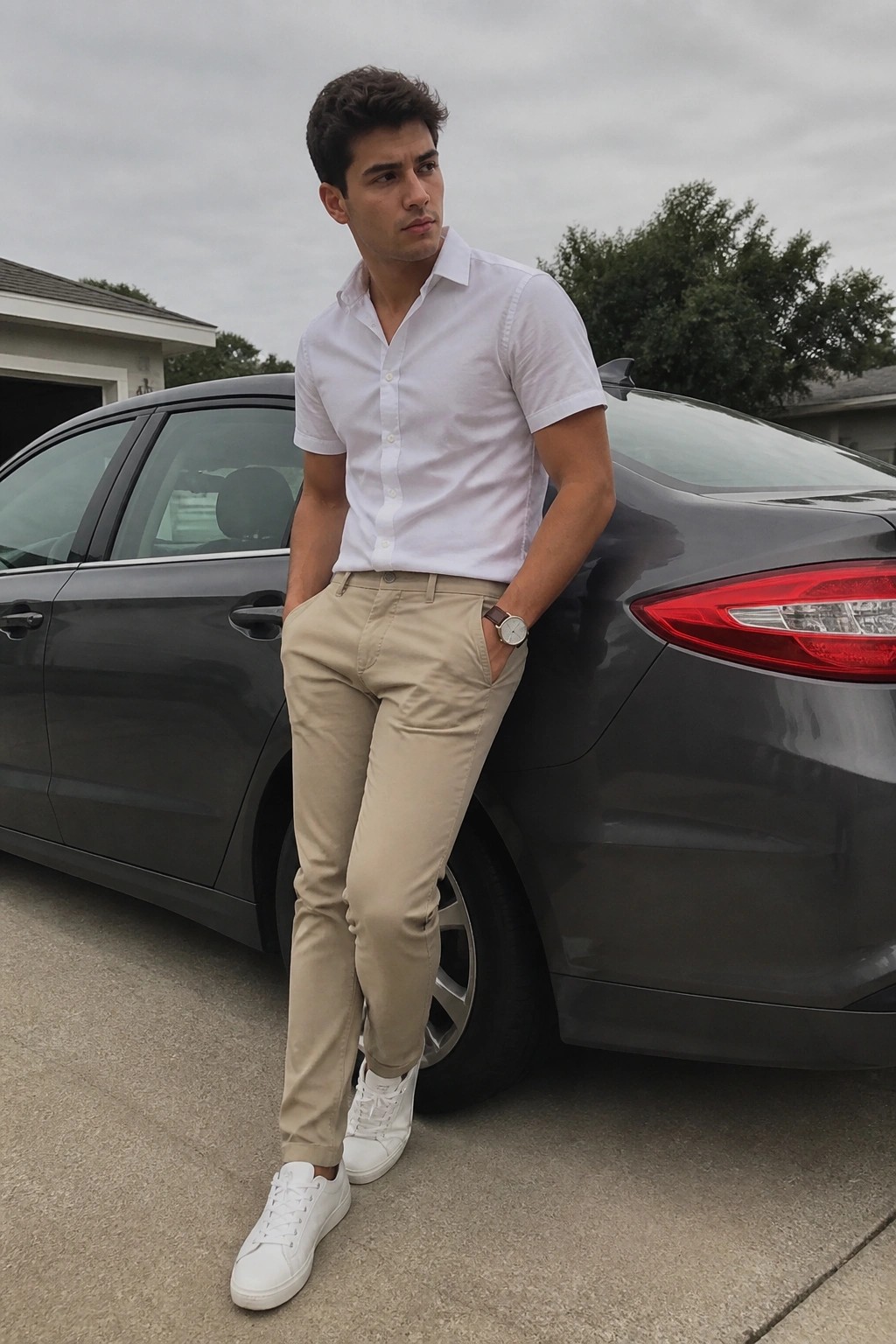 Young man in white shirt and beige pants leaning on dark gray car.