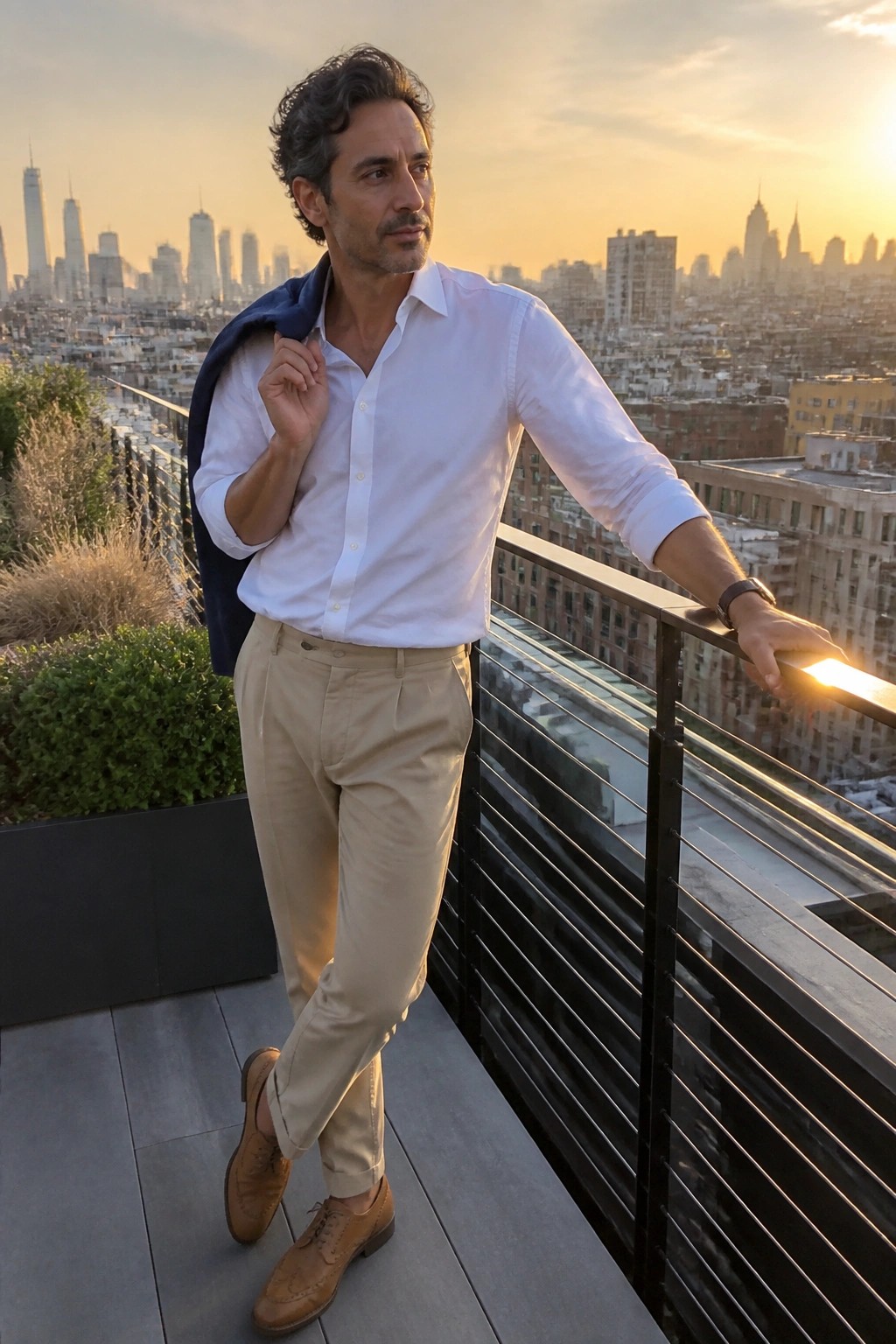 Man in white shirt holding navy jacket on balcony overlooking sunset city skyline