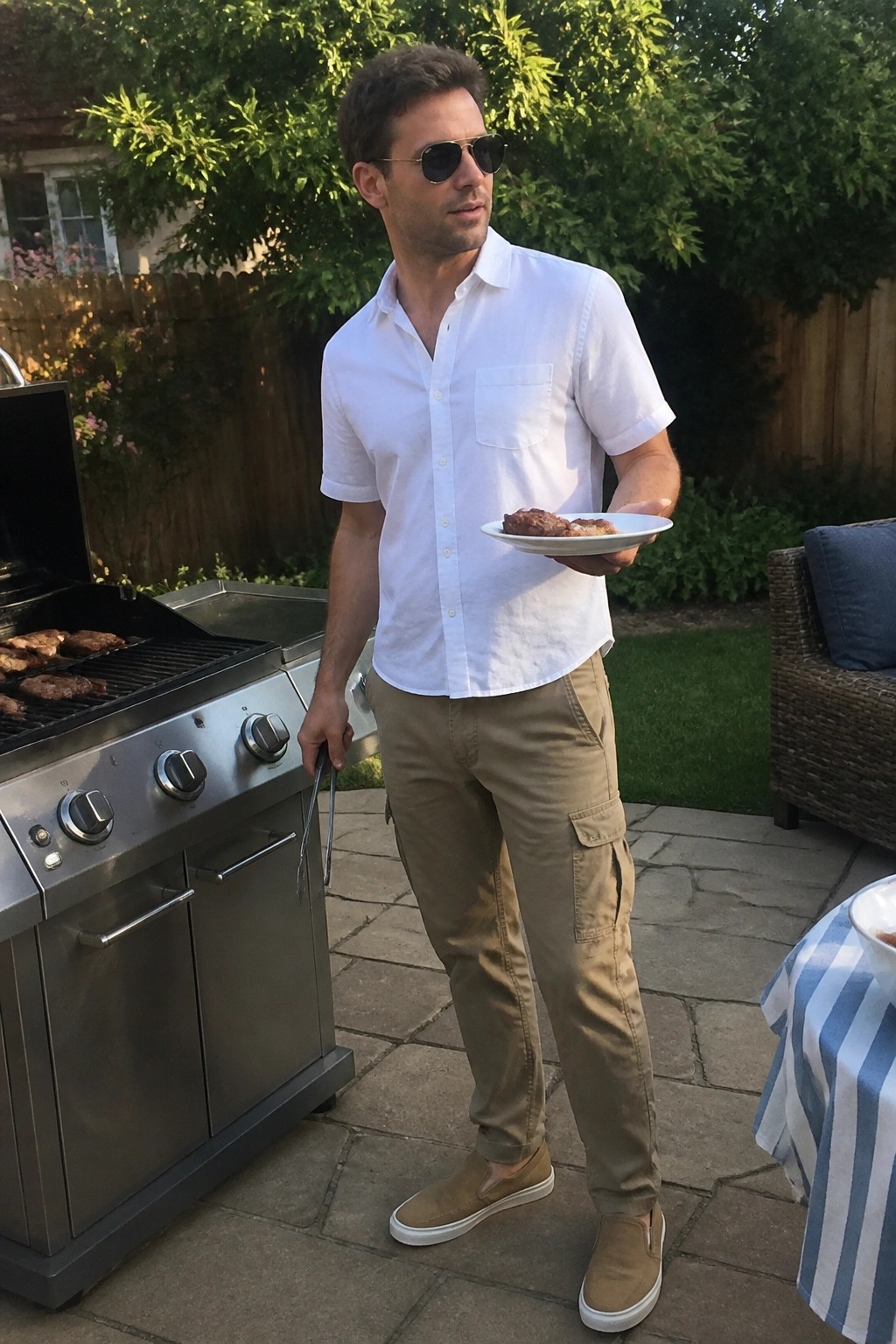 Man in white shirt and khaki pants holds meat plate by stainless grill.