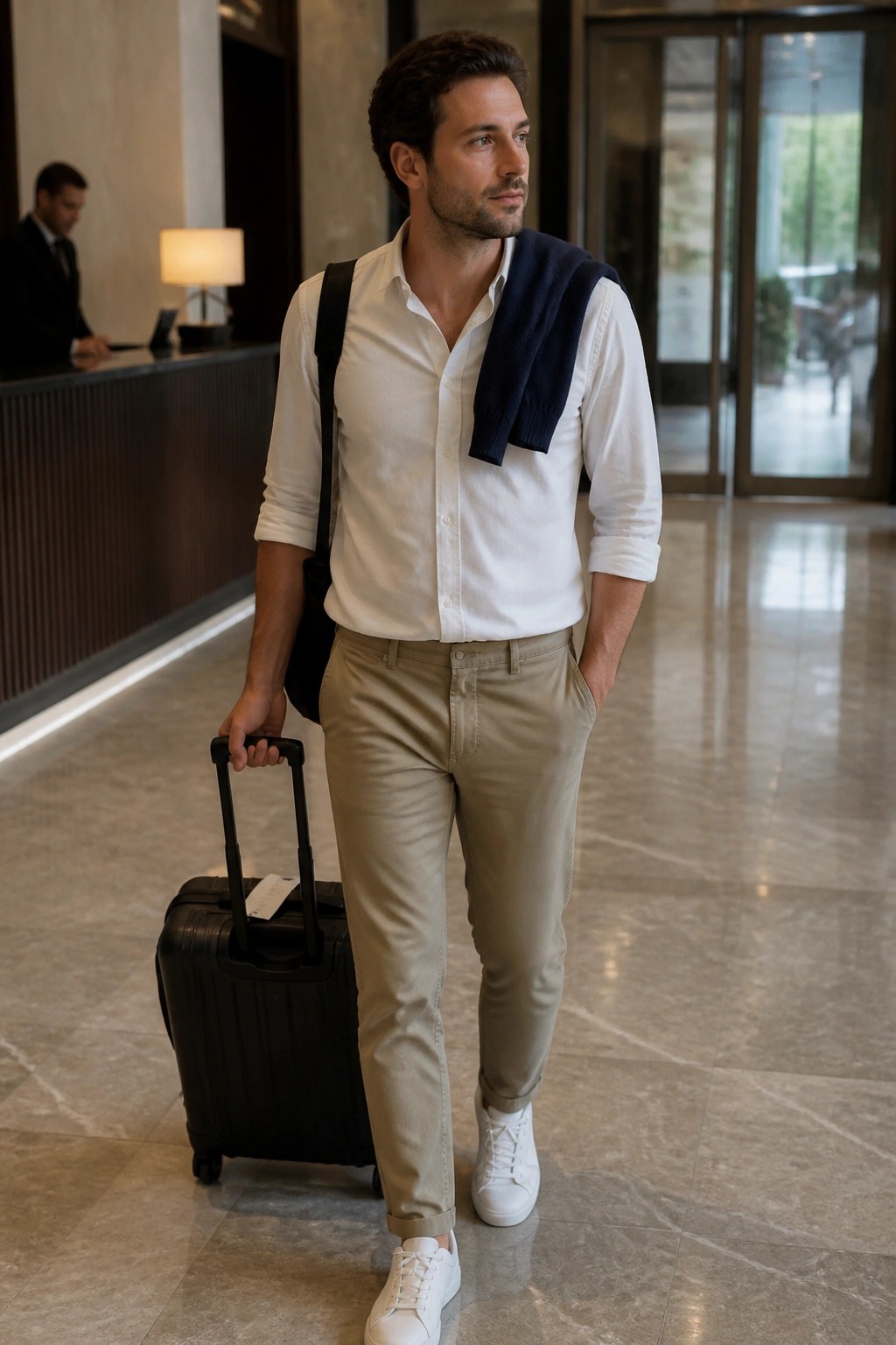 Man pulls suitcase in hotel lobby wearing white shirt, beige pants, shoulder sweater.
