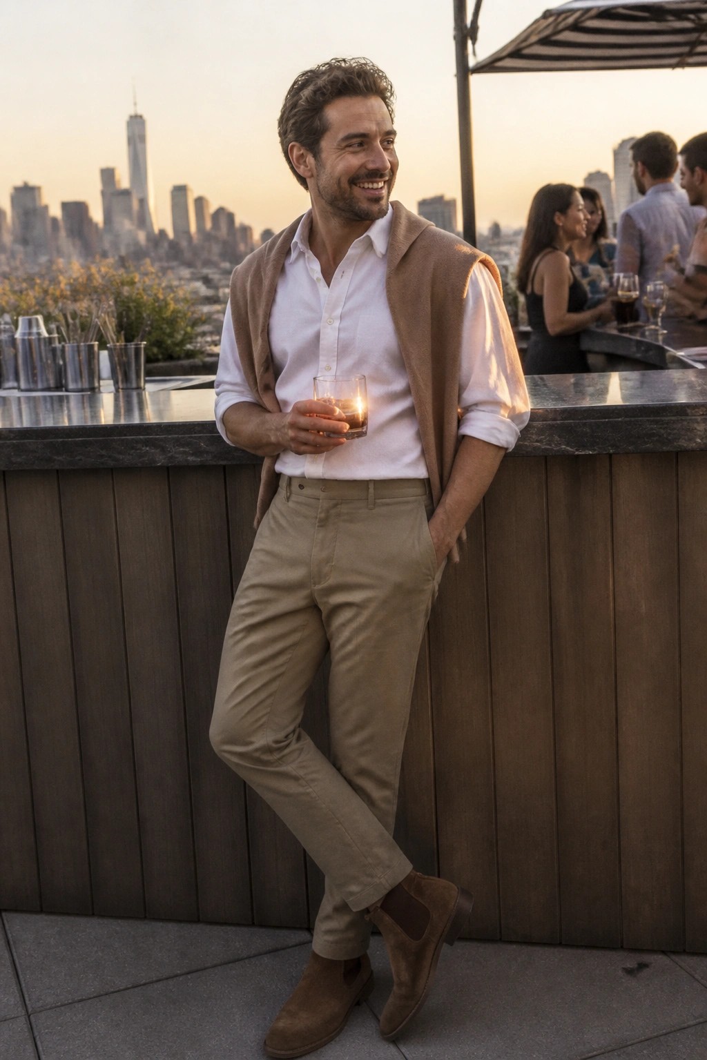 Man wearing white button down shirt under brown knit vest with khaki pants and brown suede Chelsea boots standing at a counter.
