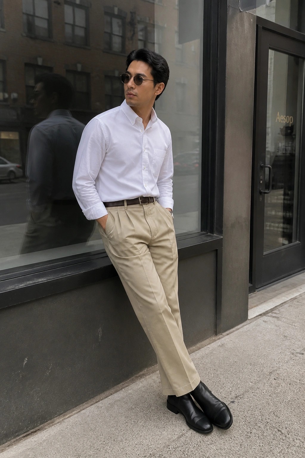 Man in white button down shirt tucked into pleated khaki pants with brown belt and black leather boots standing on sidewalk with hands in pockets