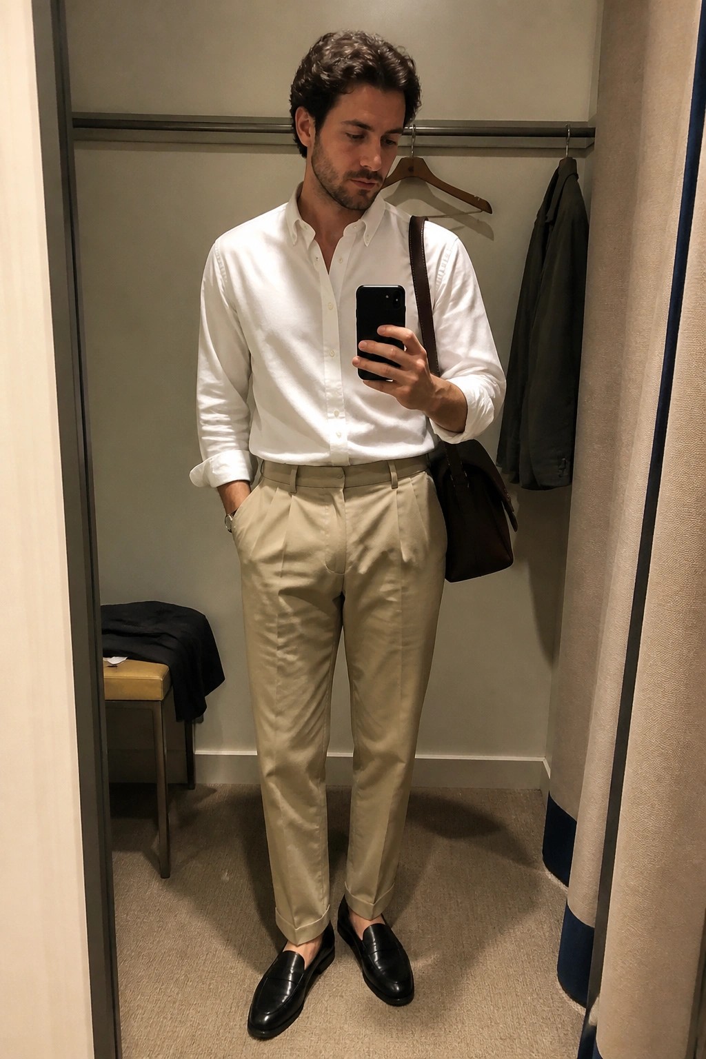 Man in white shirt and beige pants taking mirror selfie with phone.