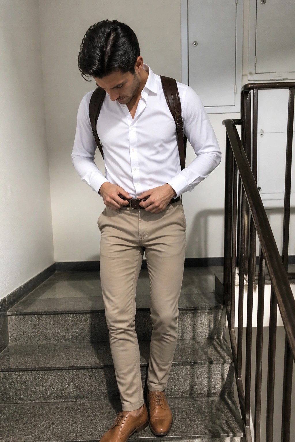 Man in white shirt adjusting brown belt on stairs with suspenders