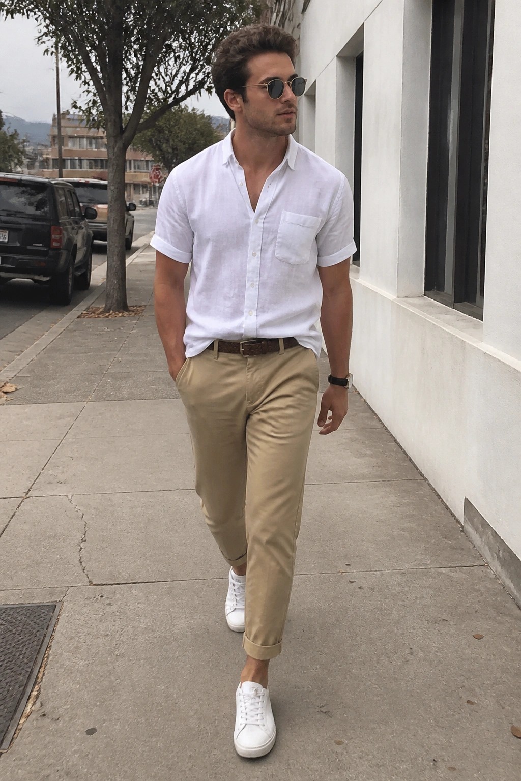 Man in white shirt and khaki pants walking on city sidewalk wearing sunglasses