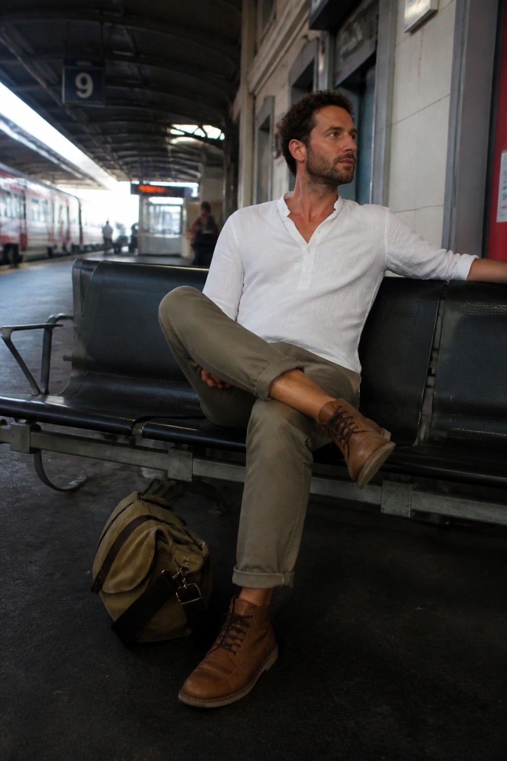 Man seated on a station bench wearing a white long sleeve henley shirt tucked into olive khaki pants with brown leather lace up boots and a canvas bag nearby.