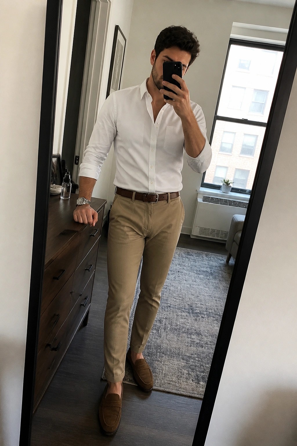 Man wearing a white button down shirt tucked into khaki pants with a brown belt and brown suede loafers while holding a phone in a mirror selfie.