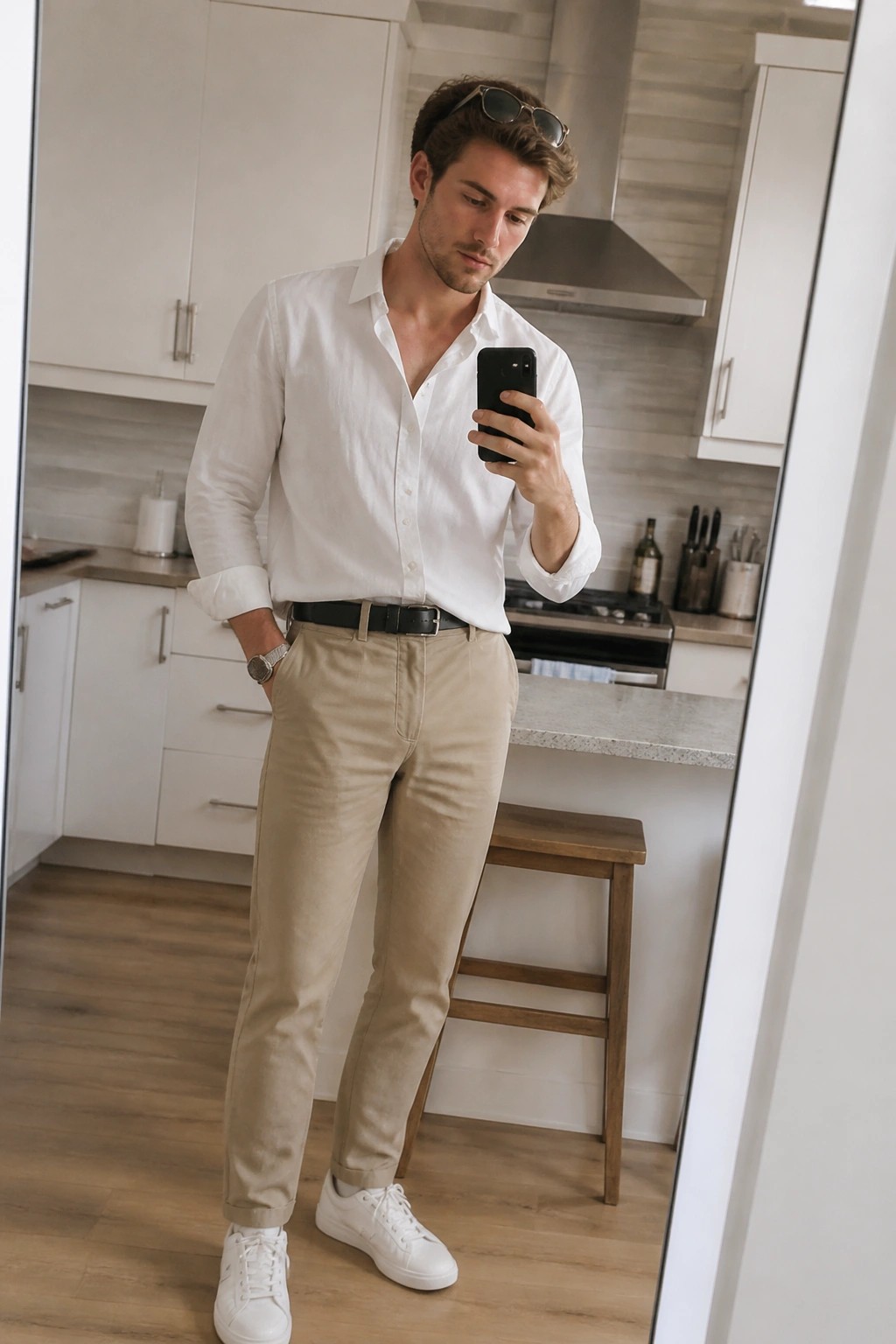 Man in mirror selfie wearing white button-down shirt tucked into khaki pants with black belt, white sneakers, watch, and sunglasses on head in kitchen setting.