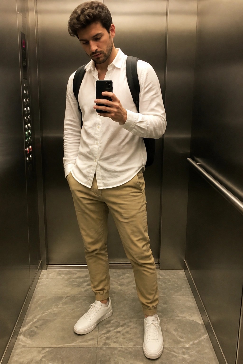 Man in elevator mirror selfie wearing white button down shirt tucked into khaki pants with white sneakers and black backpack.