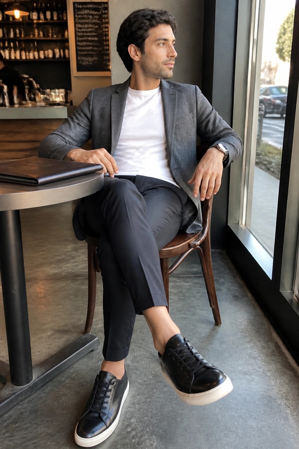 Man in gray blazer and white tee sits relaxed in cafe by window.
