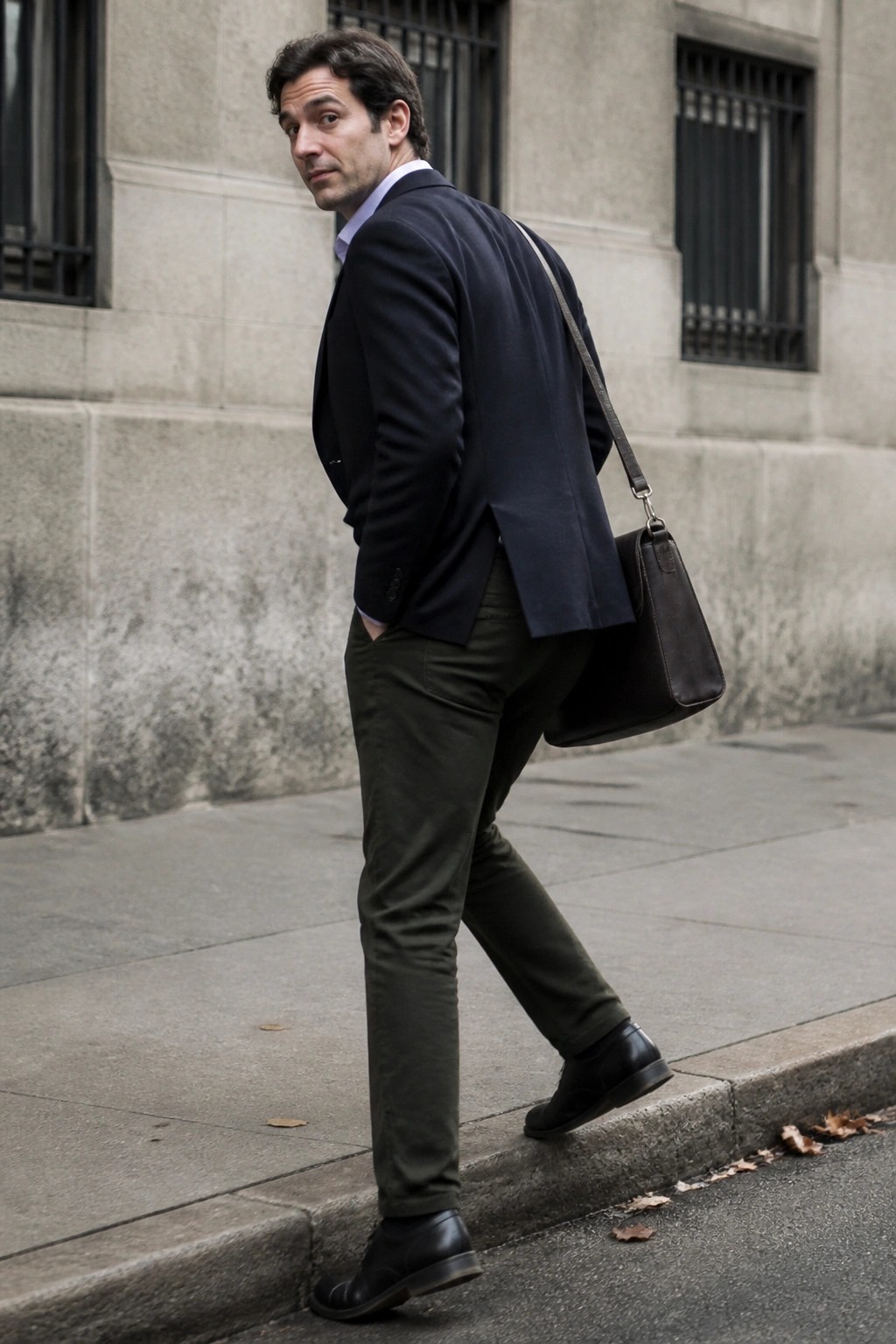 Man in navy blazer and olive pants walks on sidewalk with brown bag.