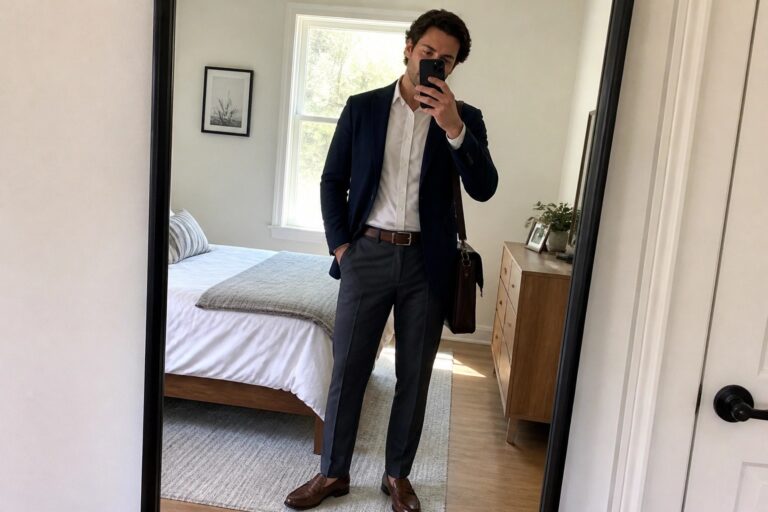 20 Elegant Formal Pant Outfit Ideas for Men for Refined Business Casual Dressing Man in navy blazer and white shirt taking mirror selfie in bedroom