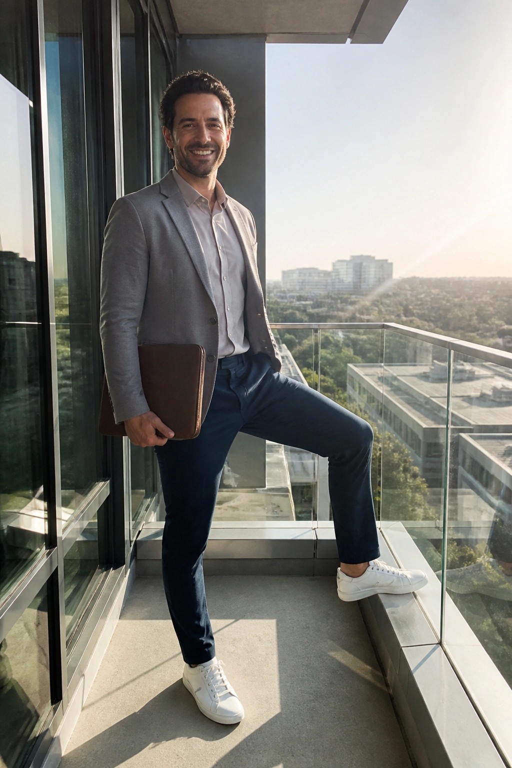 Smiling man in gray blazer holds brown folder on sunny high-rise balcony