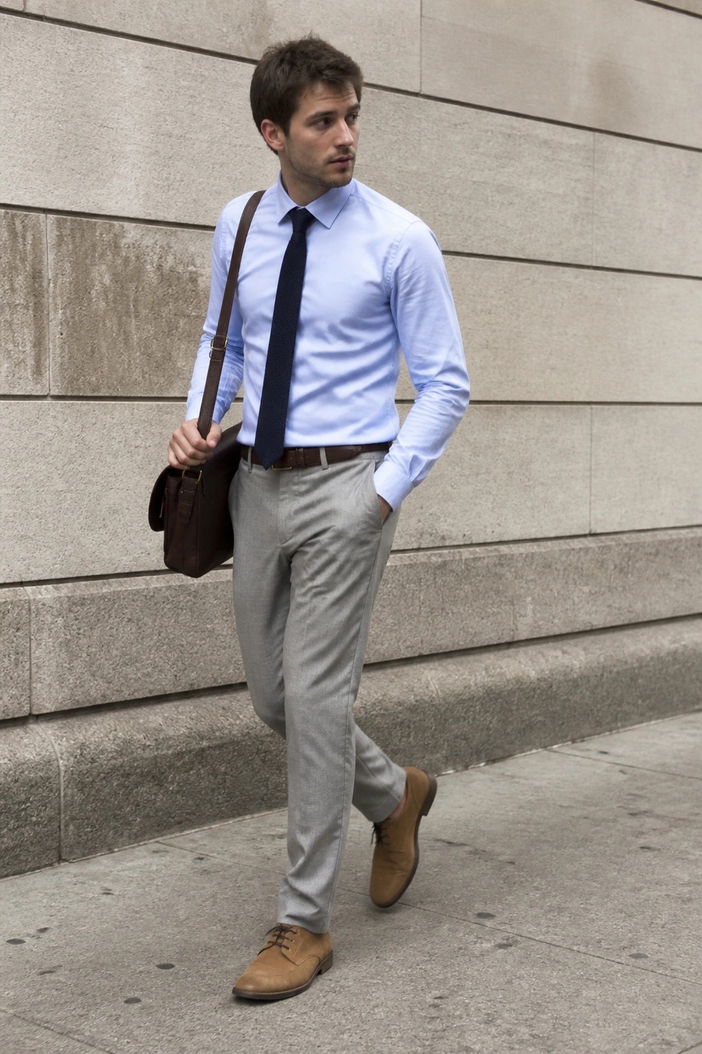 Man in light blue shirt and gray pants with brown messenger bag on street