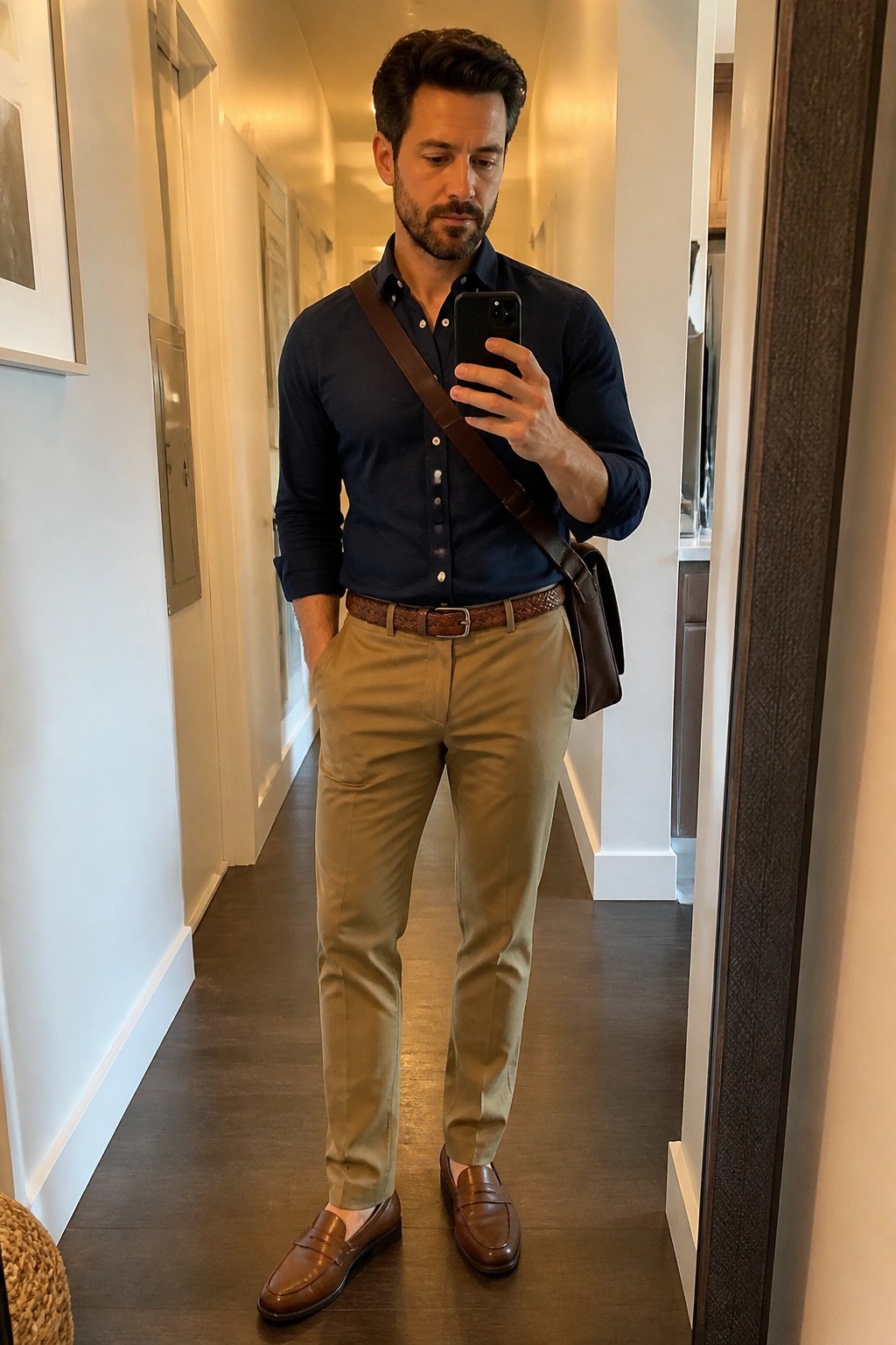 Man in navy shirt and khaki pants taking mirror selfie with phone and bag
