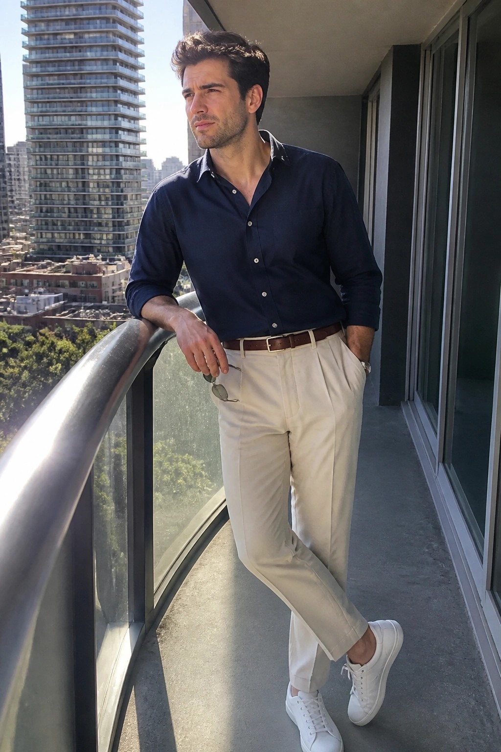 Man in navy shirt and beige pants on sunny city balcony with white sneakers
