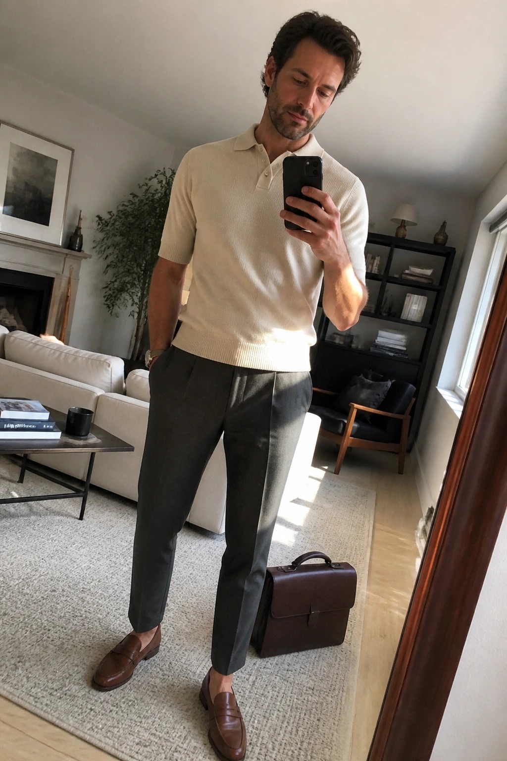 Man in cream polo sweater and gray trousers taking mirror selfie in living room