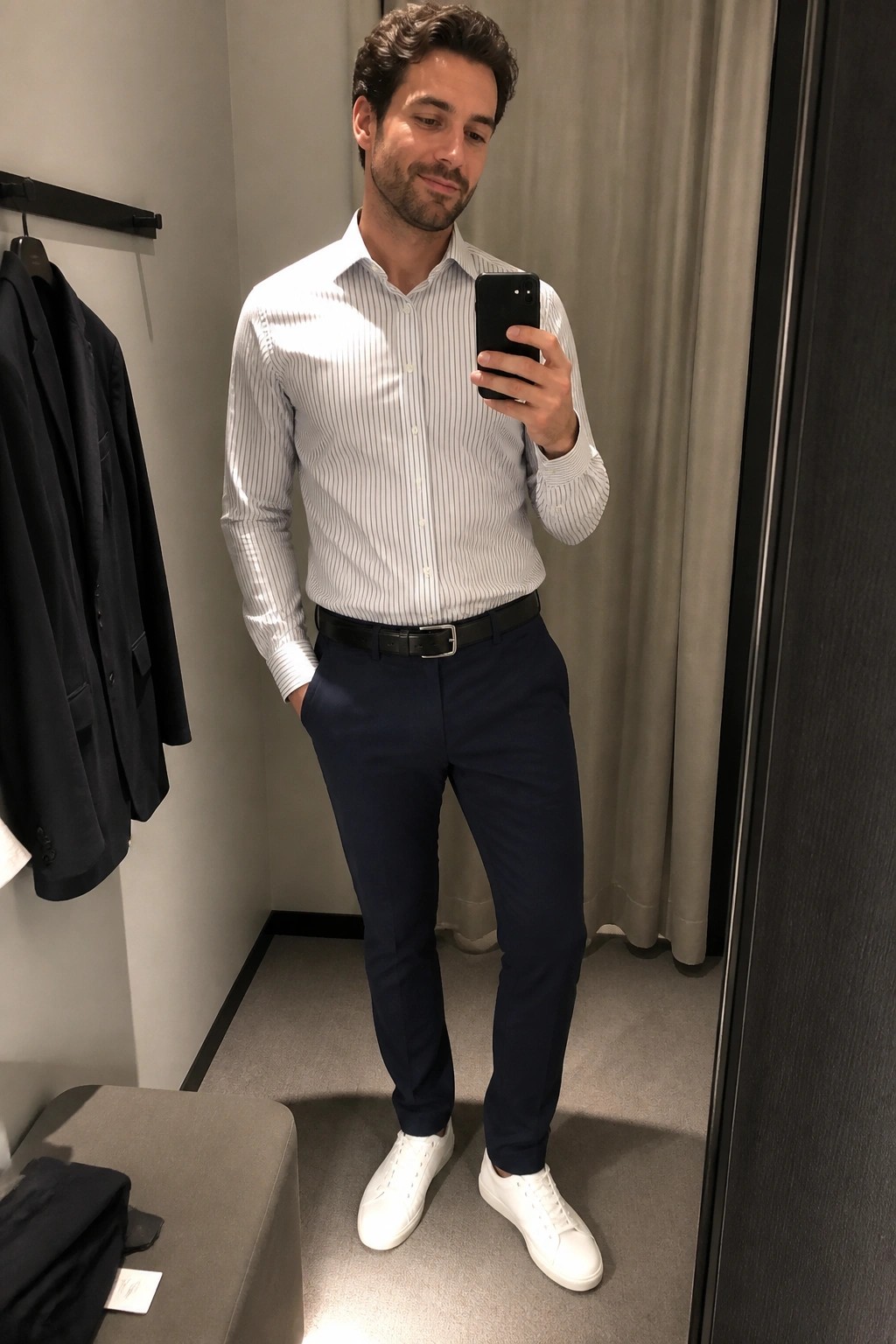 Man wearing a light blue and white striped button-down shirt tucked into navy formal pants with a black belt and white sneakers while holding a phone in a fitting room mirror.