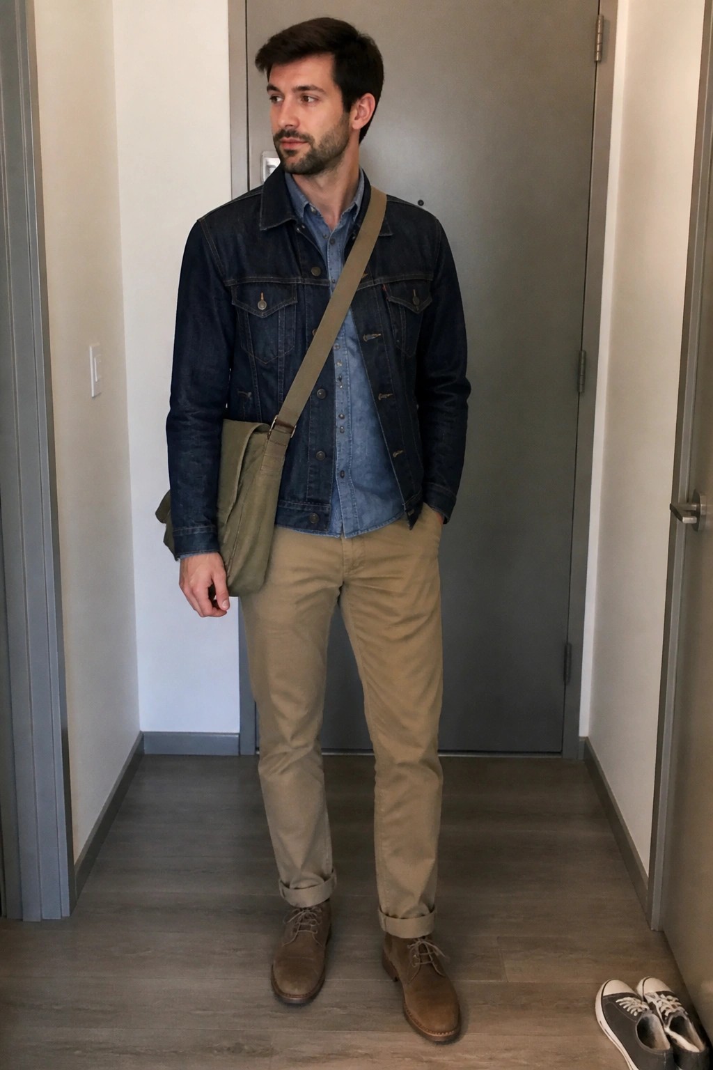 Man in denim jacket and khaki pants with olive messenger bag indoors