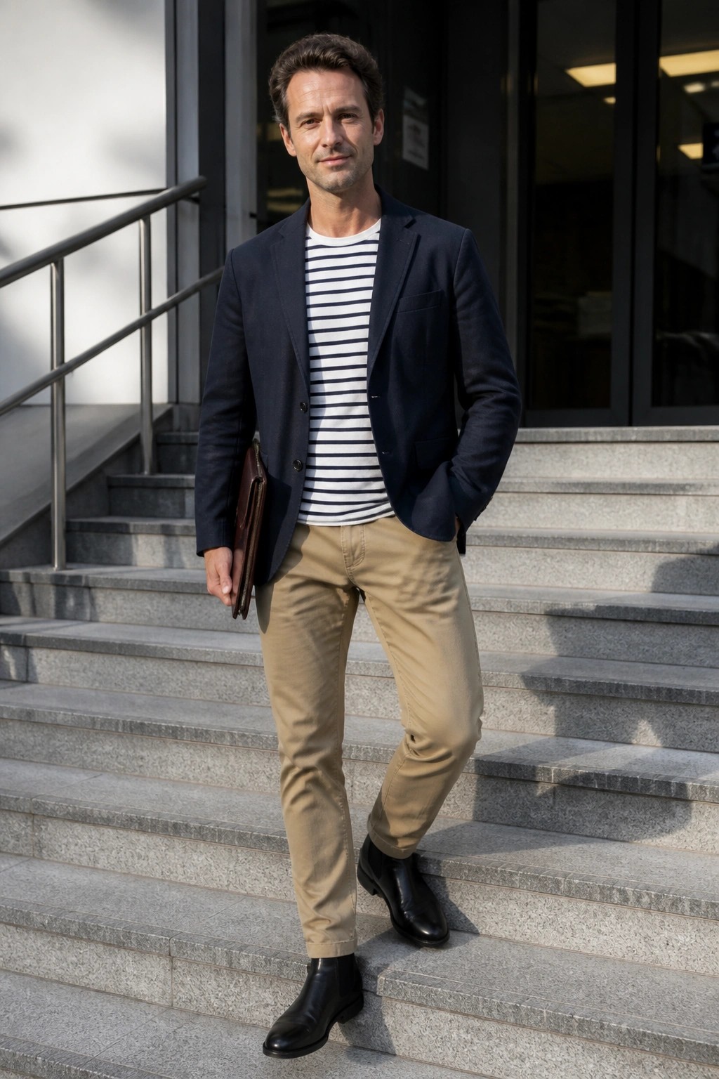 Man in navy blazer over striped shirt and khakis on stone steps holding portfolio