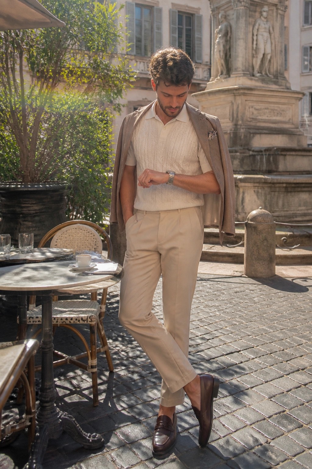 Man in beige knit polo and trousers checks watch at sunny cafe by fountain