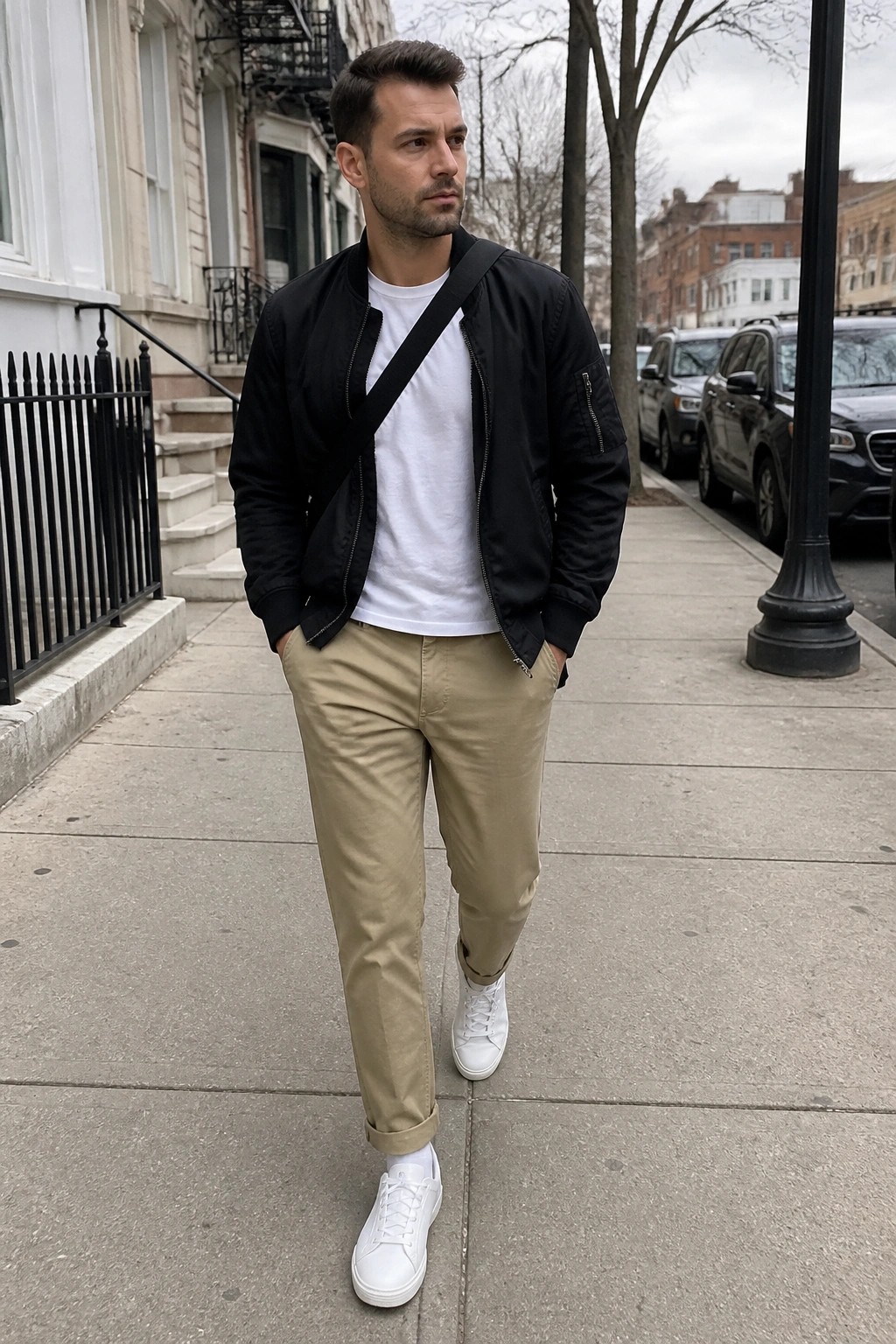 Man in black bomber jacket, white tee, khaki pants, white sneakers on sidewalk.