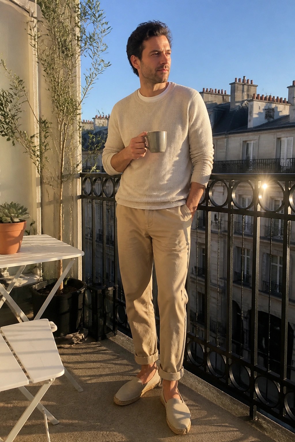 Man in beige sweater and pants holding gray mug on sunny balcony