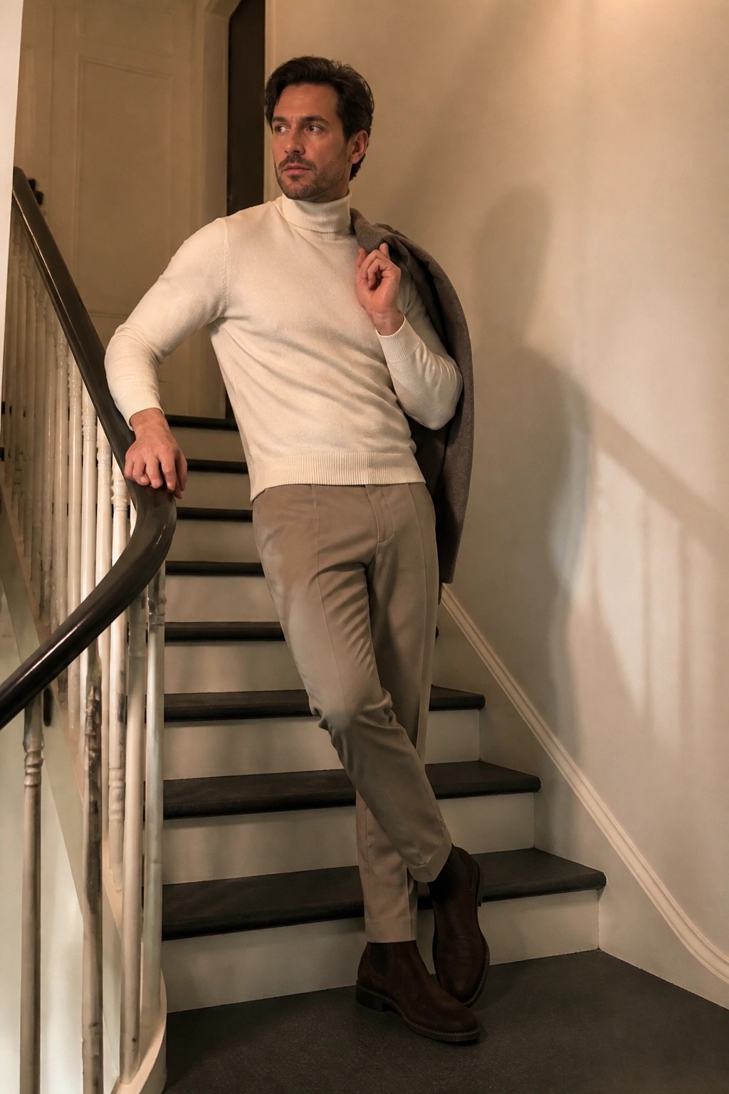Man standing on indoor staircase wearing cream turtleneck sweater, light khaki chinos, dark brown Chelsea boots, and gray coat draped over shoulder.