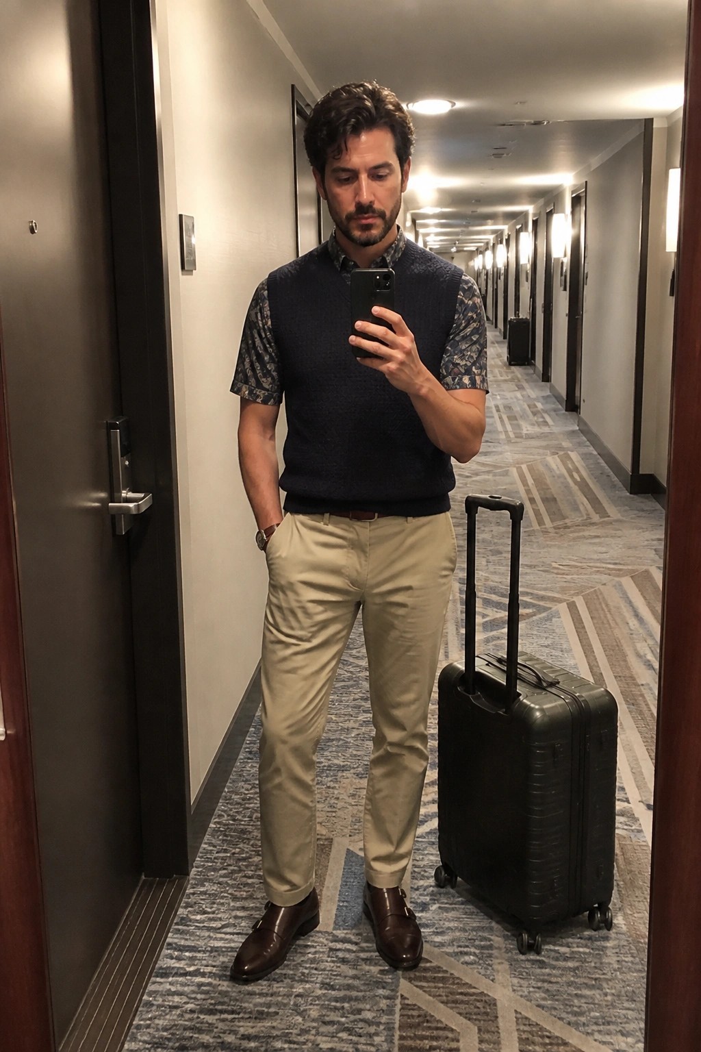 Man in navy sweater vest and khaki pants taking selfie in hotel hallway with suitcase