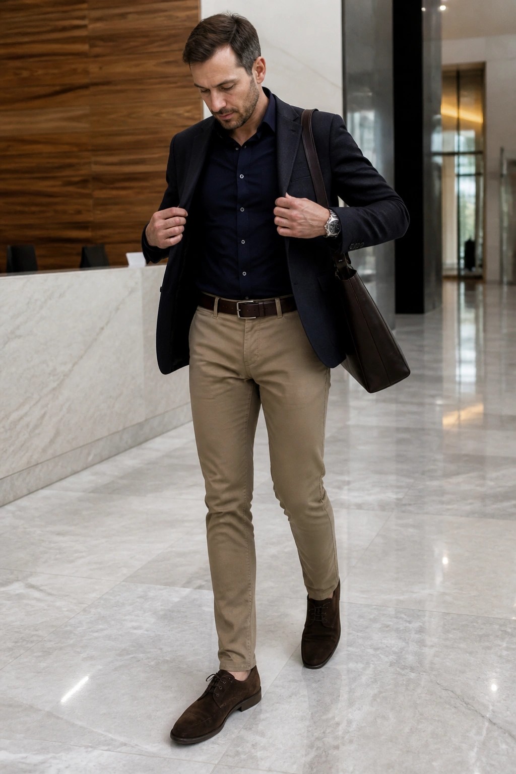 Man in navy blazer and khaki pants adjusting jacket with brown leather bag