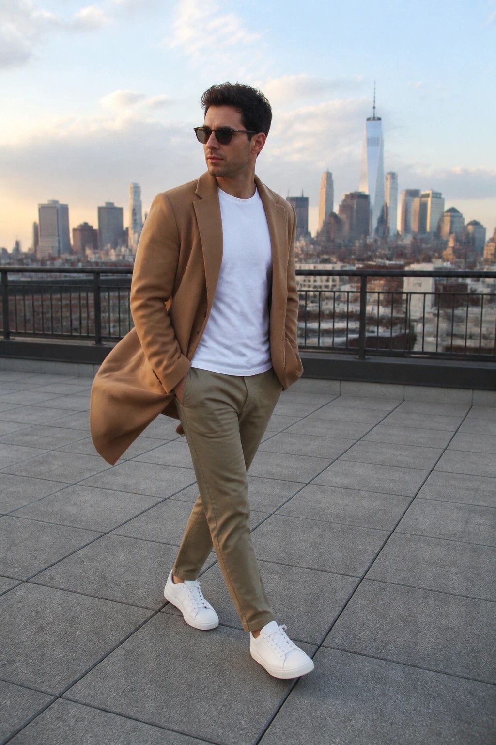 Man in tan coat and sunglasses on rooftop overlooking NYC skyline