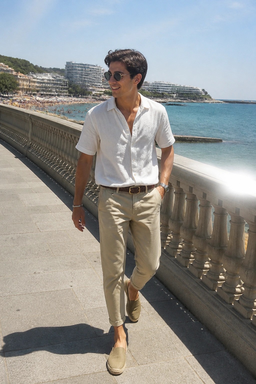 Smiling man in white shirt and beige pants strolls along sunny seaside promenade