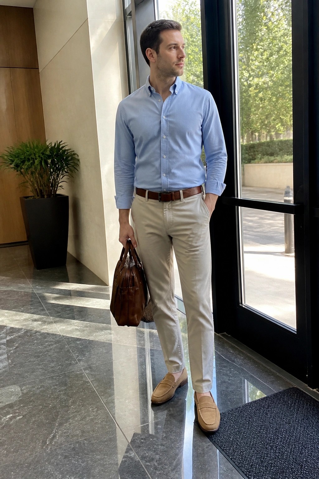 Man in light blue shirt and beige pants holding brown leather bag by glass door