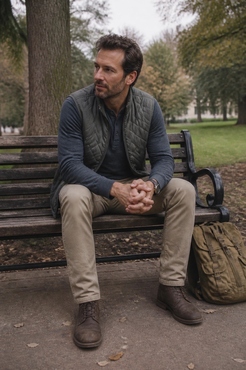 Man in relaxed khaki pants, blue henley shirt, green quilted vest, brown boots and wristwatch sitting on a park bench with a canvas backpack nearby