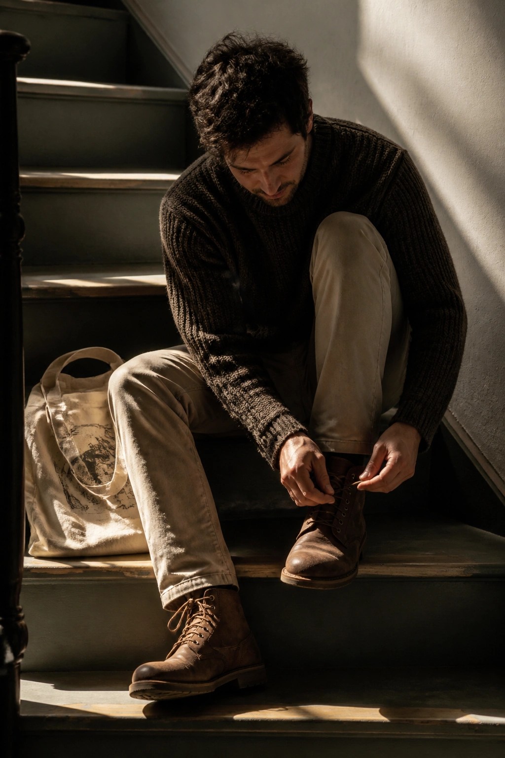 Man wearing relaxed fit khaki pants, dark brown chunky knit sweater, and brown leather boots while sitting on stairs and adjusting laces, with canvas tote bag nearby.