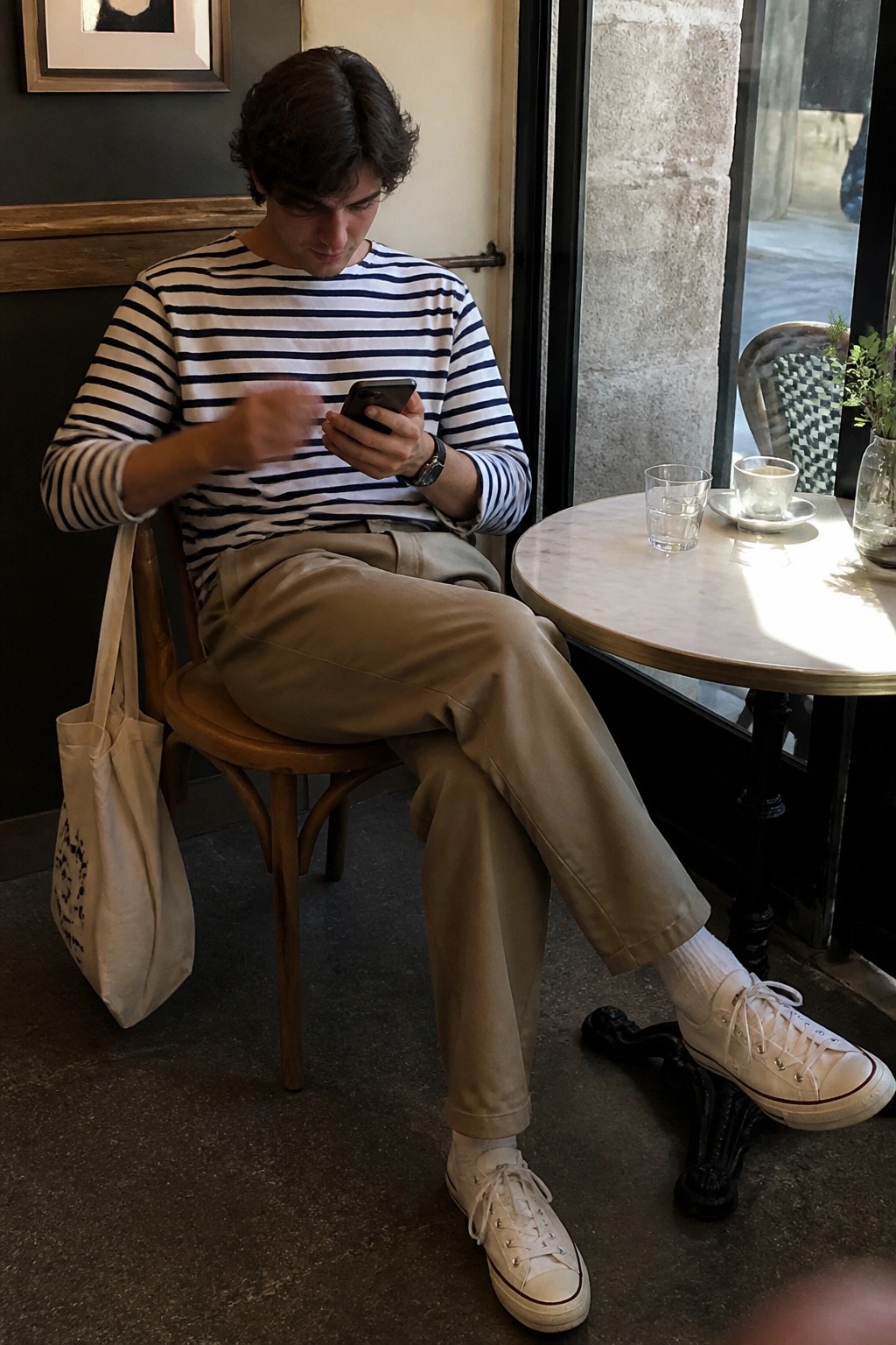 Man in striped shirt and beige pants using smartphone at cafe table