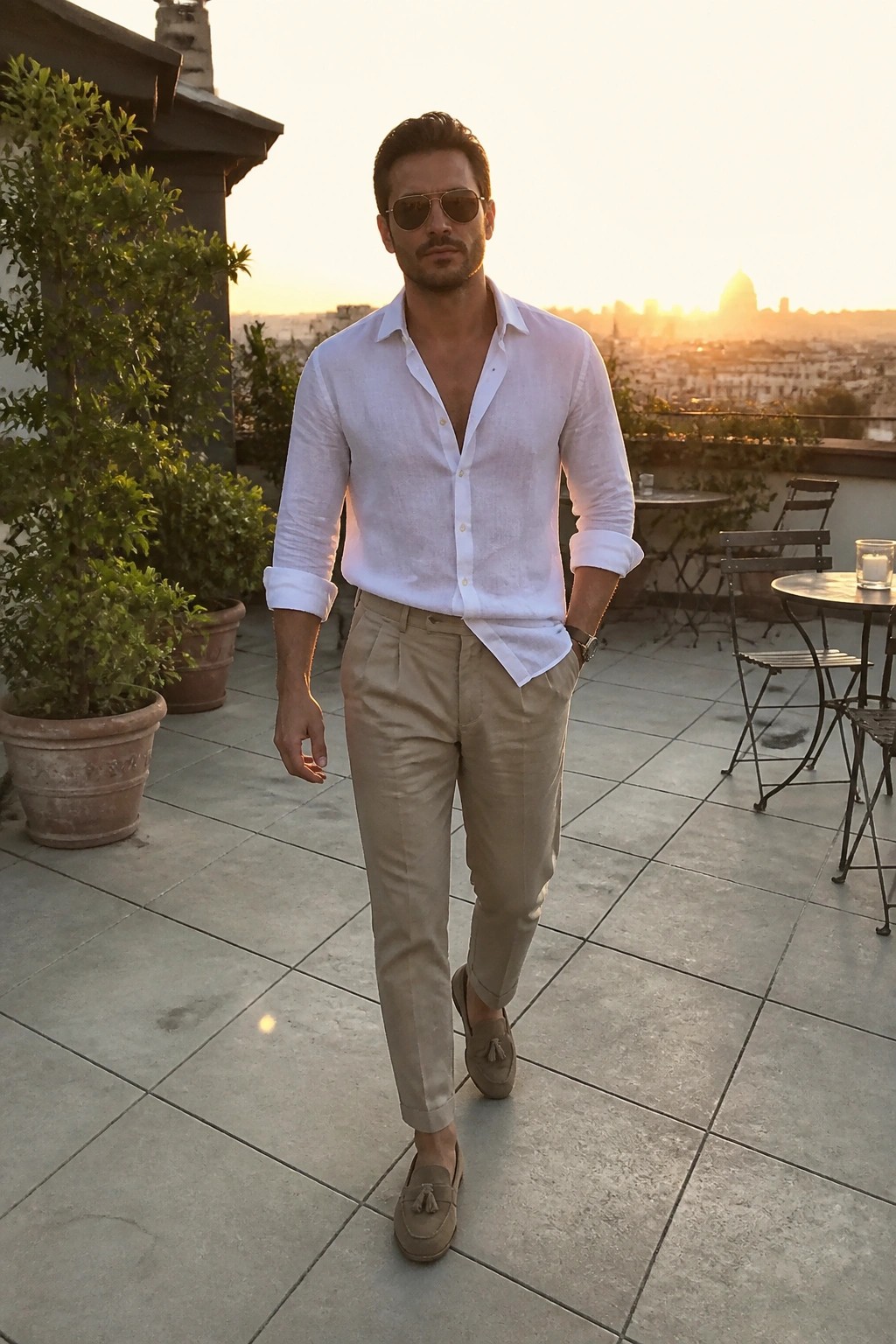 Man in white shirt and beige pants on sunset city rooftop terrace