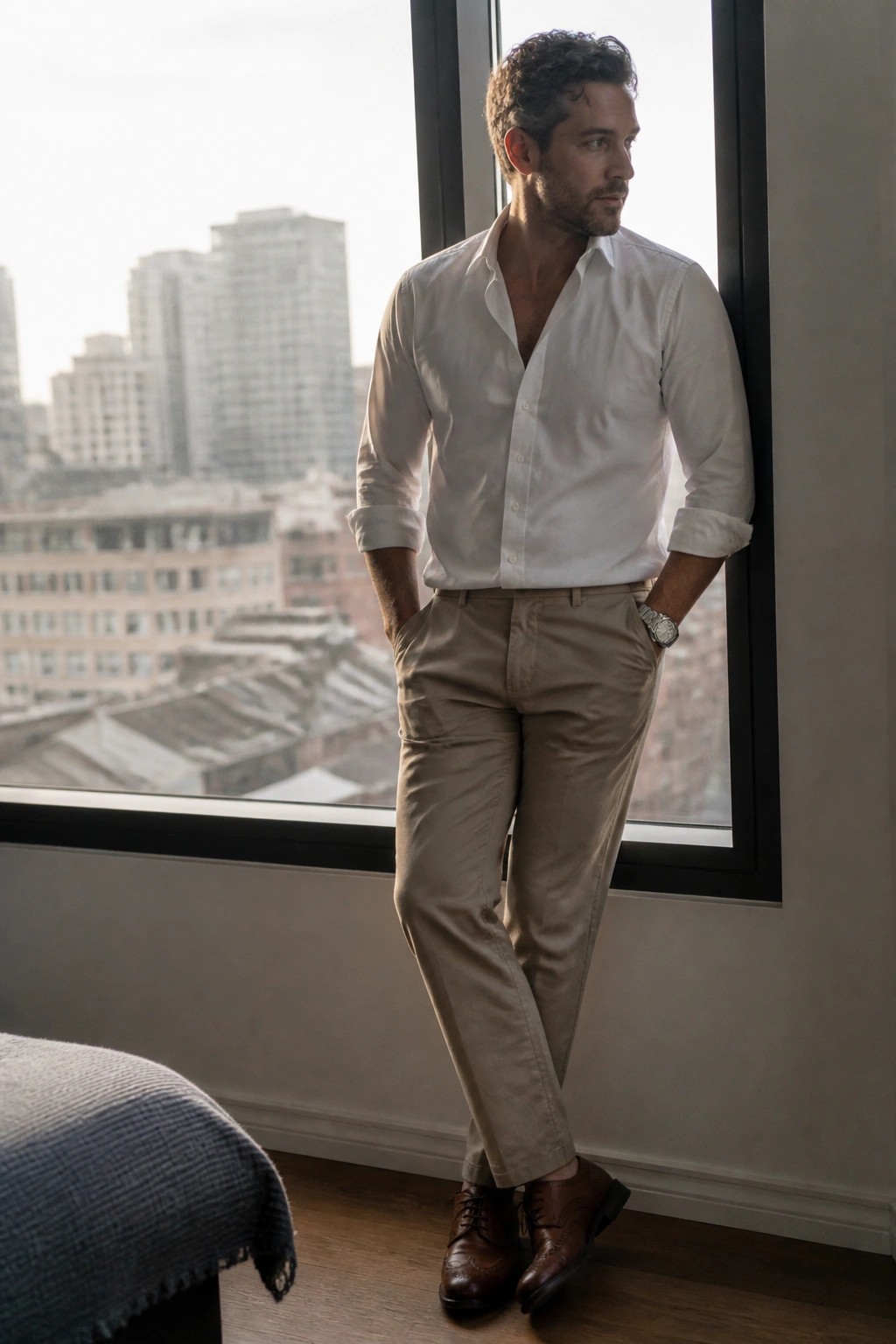 Man in white shirt and beige pants leaning by window overlooking cityscape