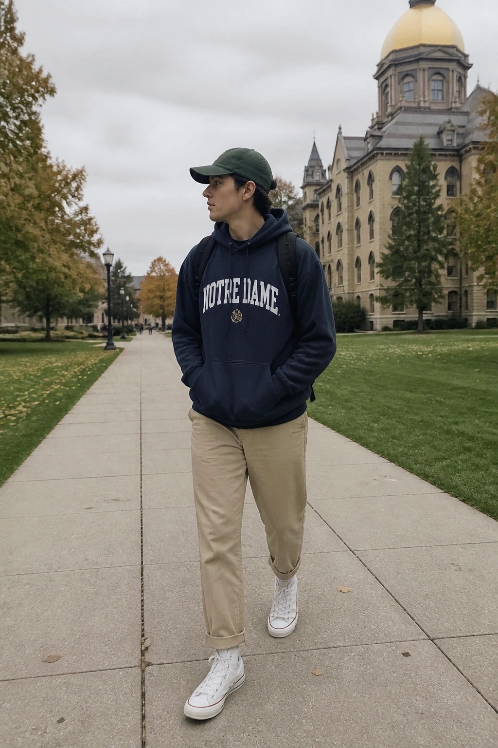 Young man in Notre Dame hoodie, cap, and backpack on campus path by golden dome