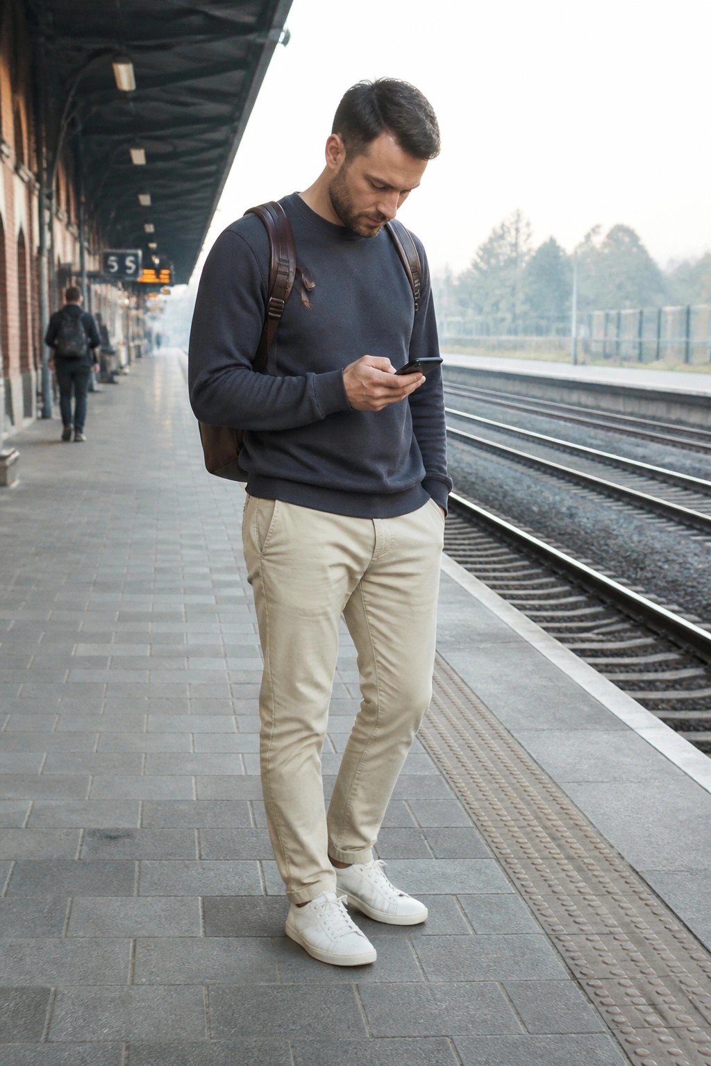 Man in navy sweater and beige pants checking phone on train platform.