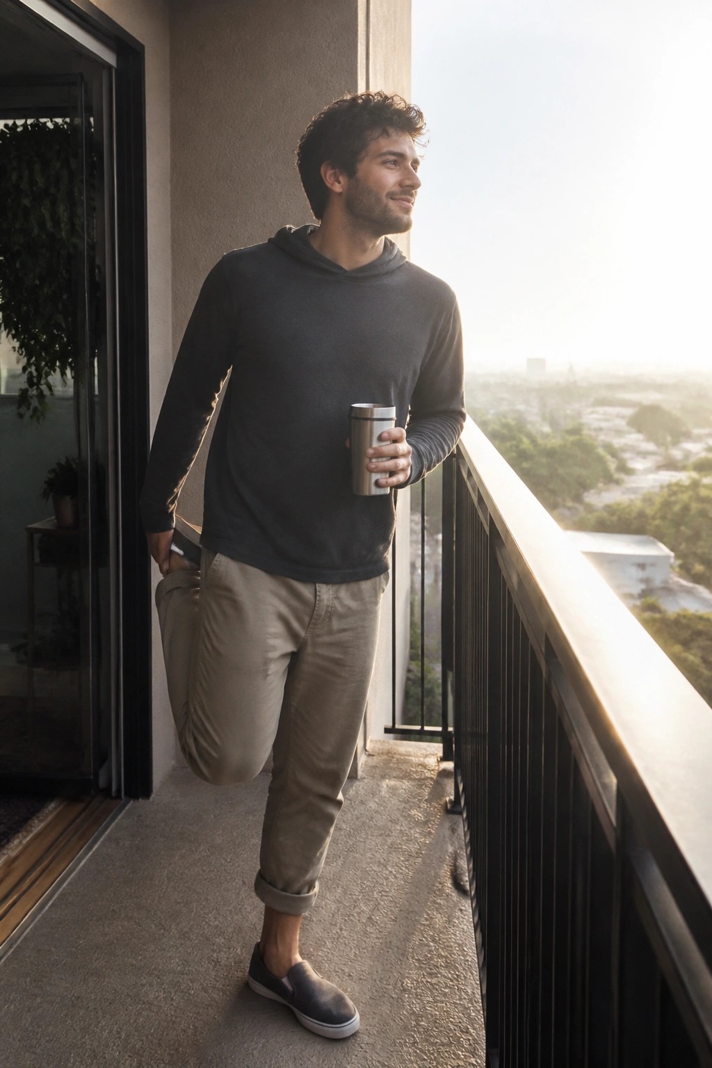 Man in relaxed fit khaki pants cuffed at the ankle paired with a dark gray long sleeve hoodie and slip on shoes while holding a metal tumbler on a balcony.