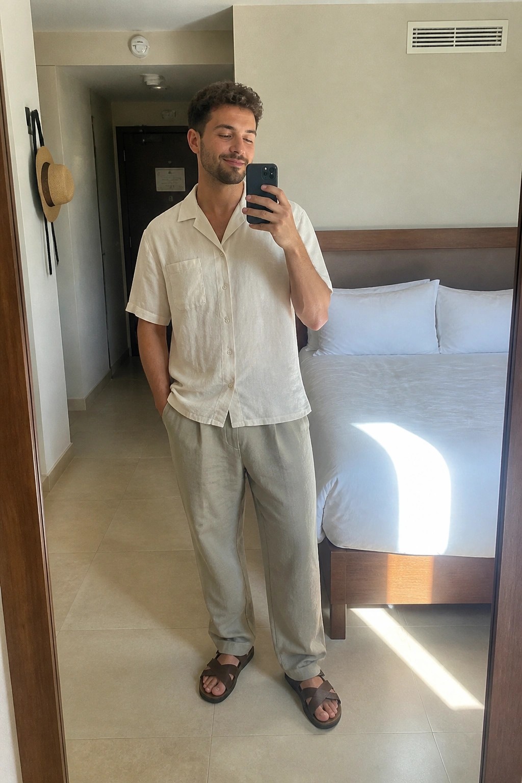 Man in beige linen outfit taking mirror selfie in hotel bedroom