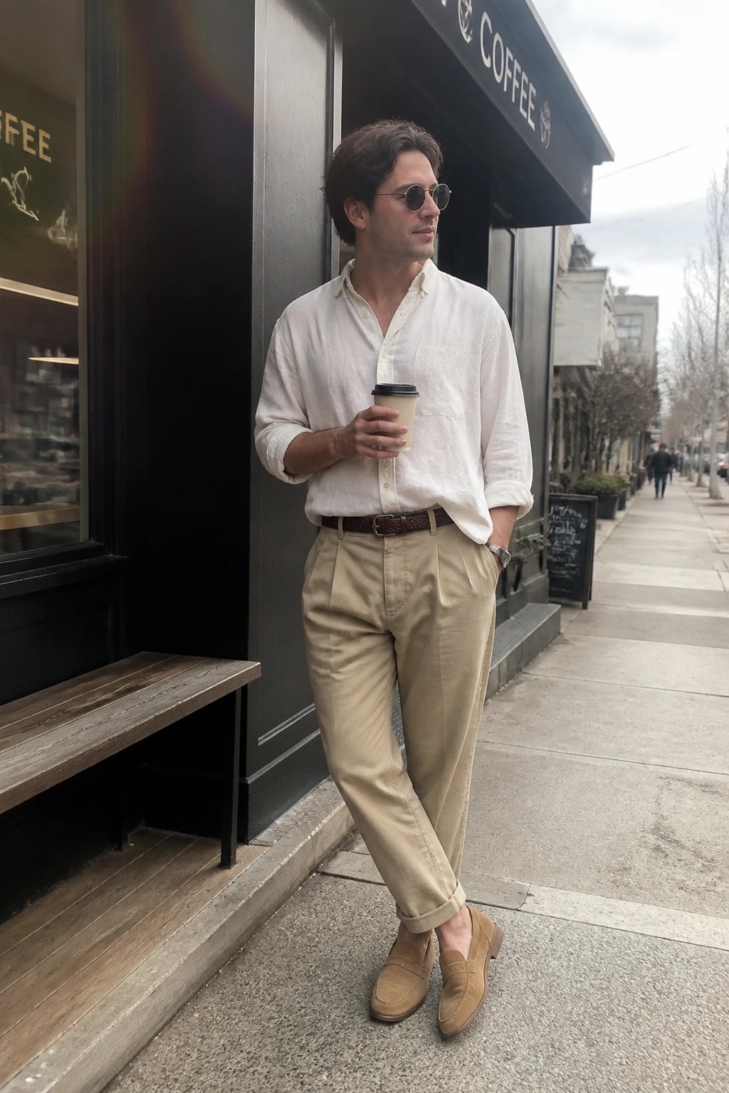 Man in white linen shirt and beige trousers holding coffee outside cafe