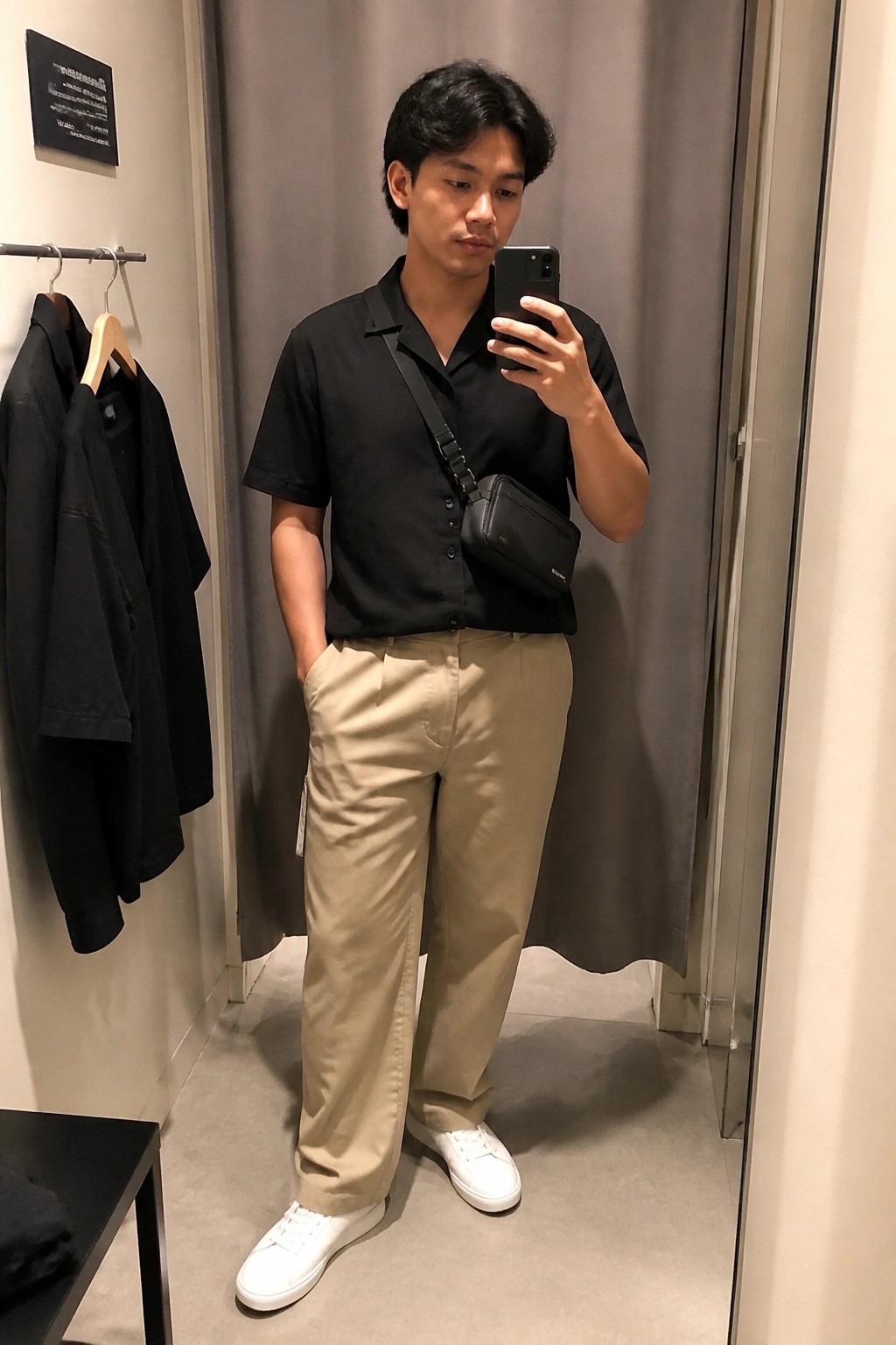 Man in black shirt and beige pants taking mirror selfie in fitting room